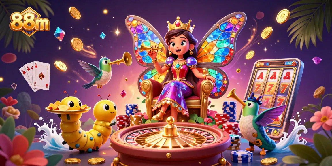 Engage with 88m's vibrant casino realm showcasing a butterfly queen amidst exciting gaming elements.