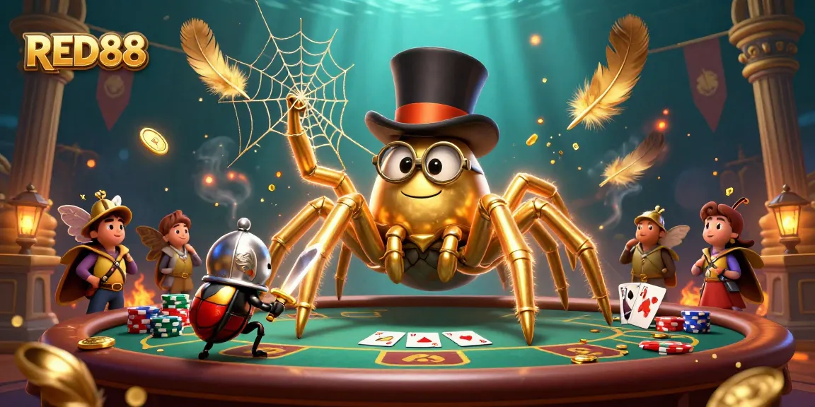 RED88 showcases a thrilling poker table scene in a magical casino adventure with energetic characters.