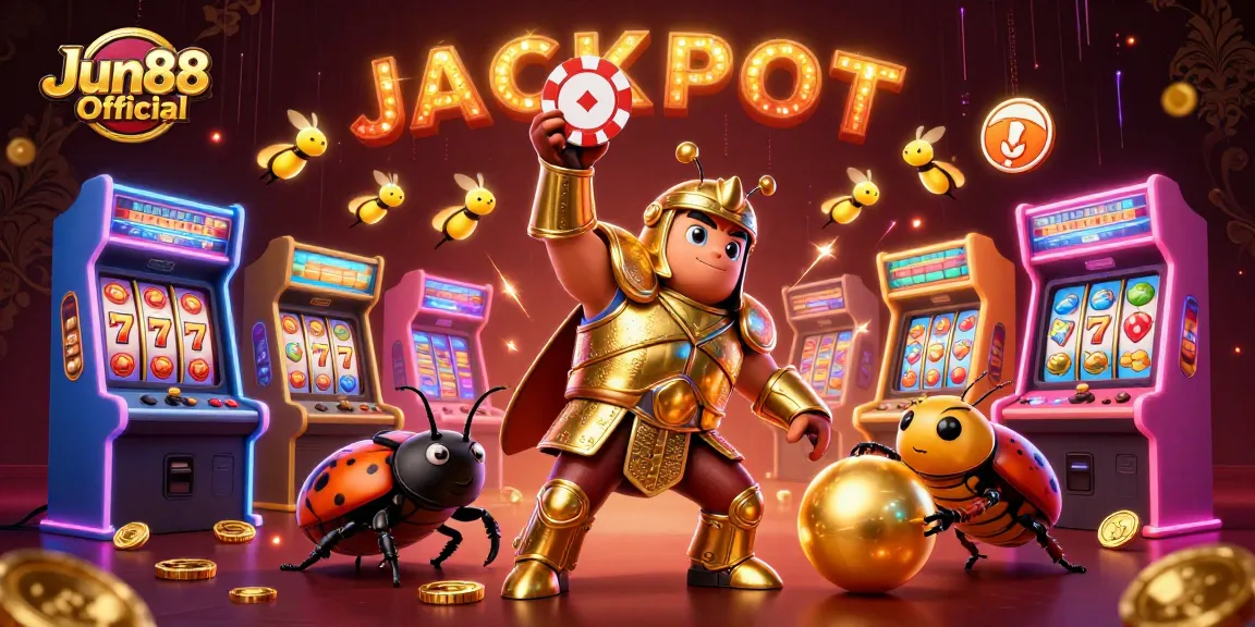 Experience big wins with Jun88 Official as a victorious beetle lifts a poker chip amidst glowing casino games.