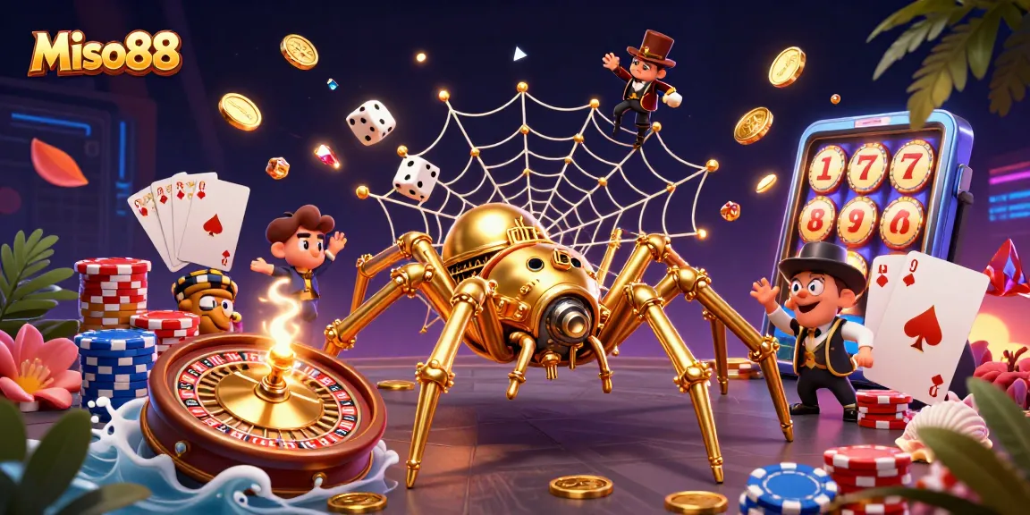 Miso88 engages players with an energetic steampunk-themed casino illustration showcasing vibrant poker elements.