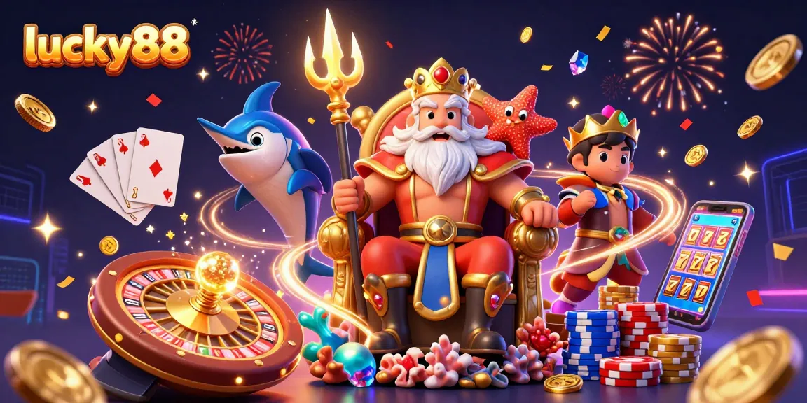 Lucky88 showcases thrilling casino moments with Neptune, coins, roulette, and lucky symbols.