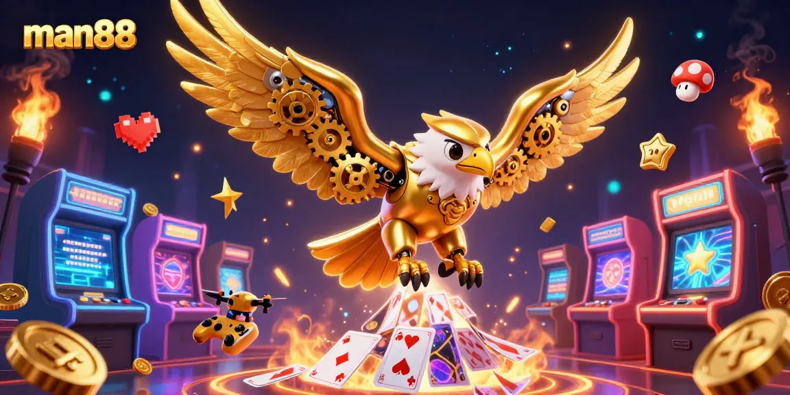 Experience exciting gameplay with man88's casino-themed illustration featuring a diving golden eagle amidst holographic cards.