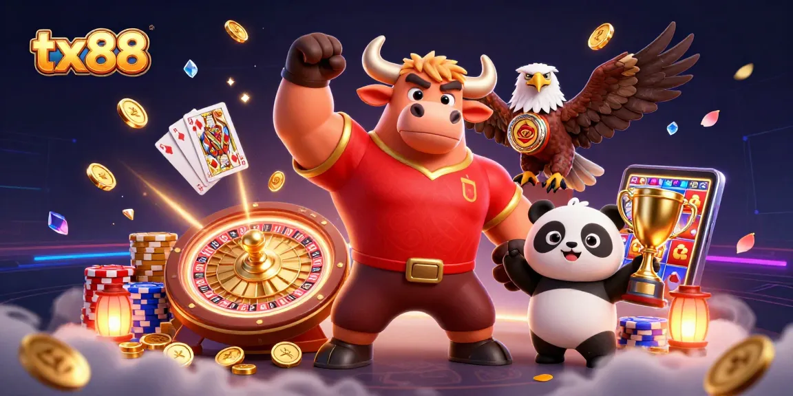 Experience wins at tx88 casino with vibrant characters celebrating over sparkling gems and golden coins.