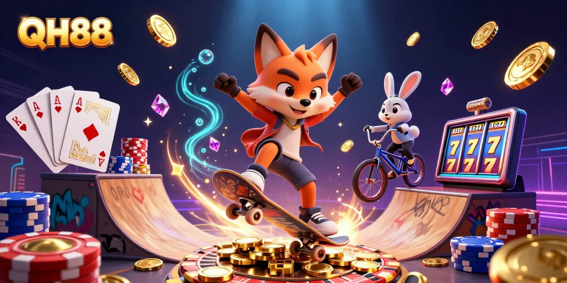 Engage with QH88's thrilling gaming universe as a fox skater and rabbit BMX rider unite in a jackpot adventure!