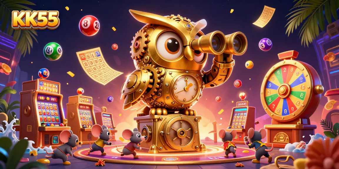 KK55 brings excitement as a golden owl surveys a vibrant casino scene with lottery elements.