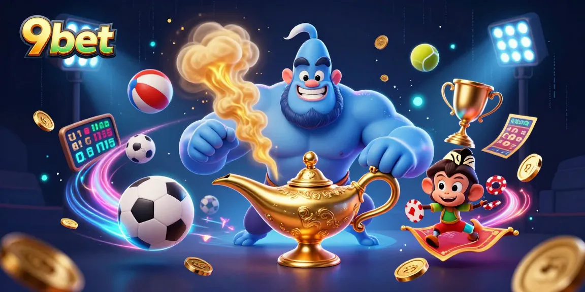 Join the excitement at 9bet with a lively 3D casino scene featuring sports betting elements.