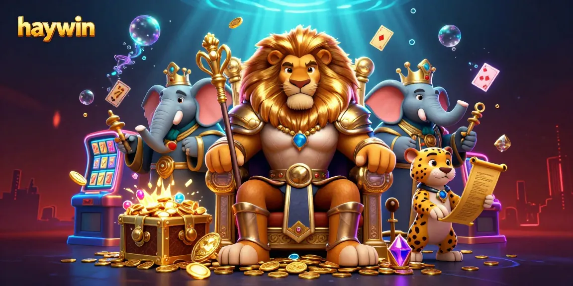 Haywin showcases a thrilling 3D casino scene with a lion king, elephant advisor, and cheetah messenger.