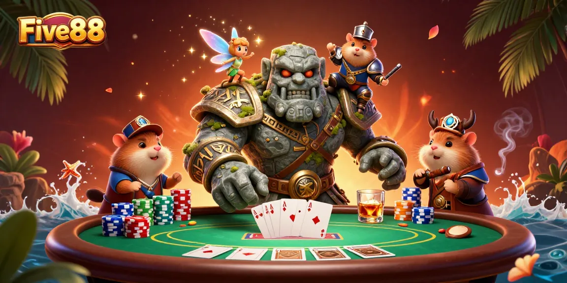 Engage in exciting poker action with the Five88 scene featuring characters and vibrant casino elements.