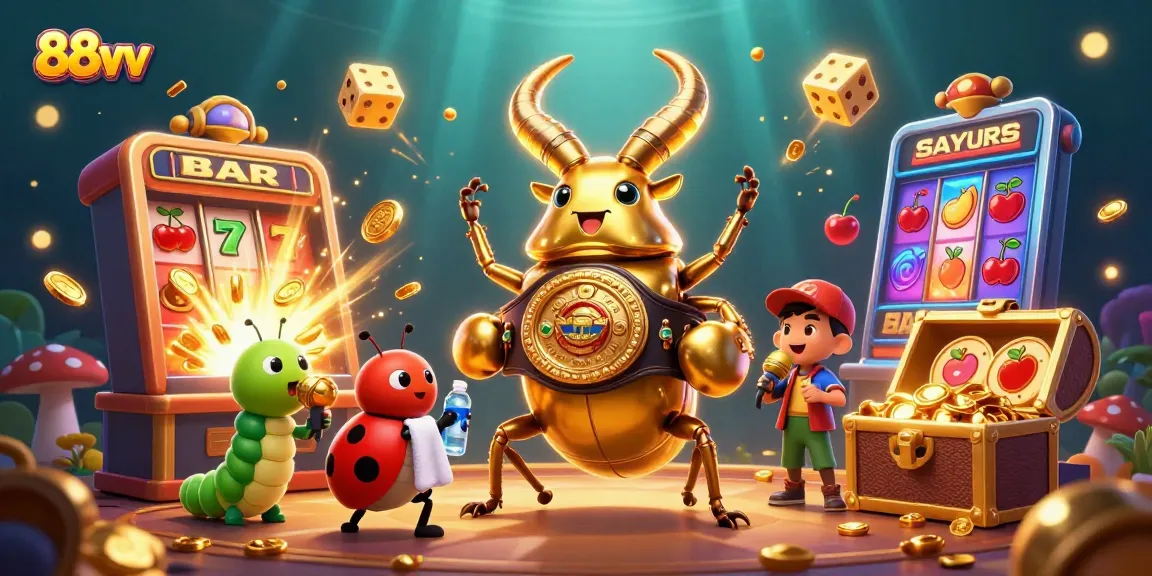 Engage in thrilling slots action at 88vv with a dynamic jackpot scene featuring vibrant 3D characters and casino elements.