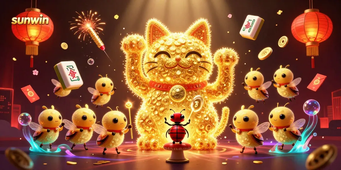 Experience the thrill of sunwin with fun casino symbols and a lucky cat surrounded by vibrant game elements.