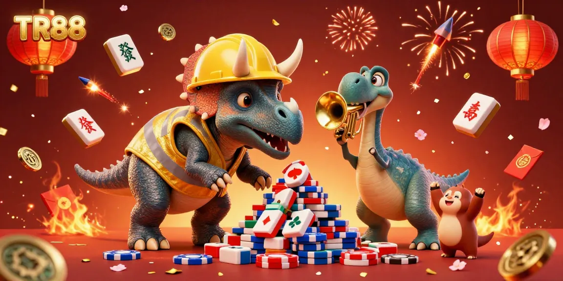 Experience TR88 with vibrant 3D characters building poker chip pyramids amidst celebratory casino elements.