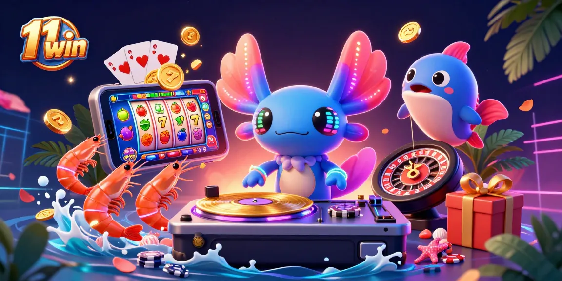 Experience the thrill of winning with 11 win in this vibrant casino illustration featuring an axolotl DJ and lively marine characters.