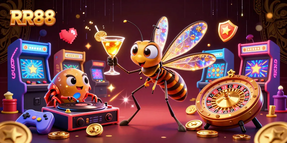 Engage with RR88 in a vibrant 3D casino scene featuring a whimsical mosquito mascot, live DJ, and golden roulette wheel.