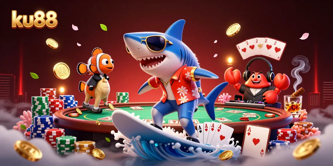 Join the excitement of ku88 with a vibrant underwater casino scene featuring a shark, clownfish, and crab DJ.