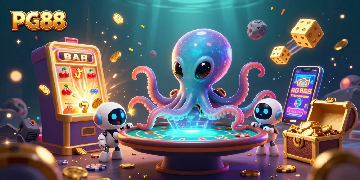 Experience thrilling gameplay at PG88 with a cartoon alien octopus operating a poker table amid jackpot excitement.