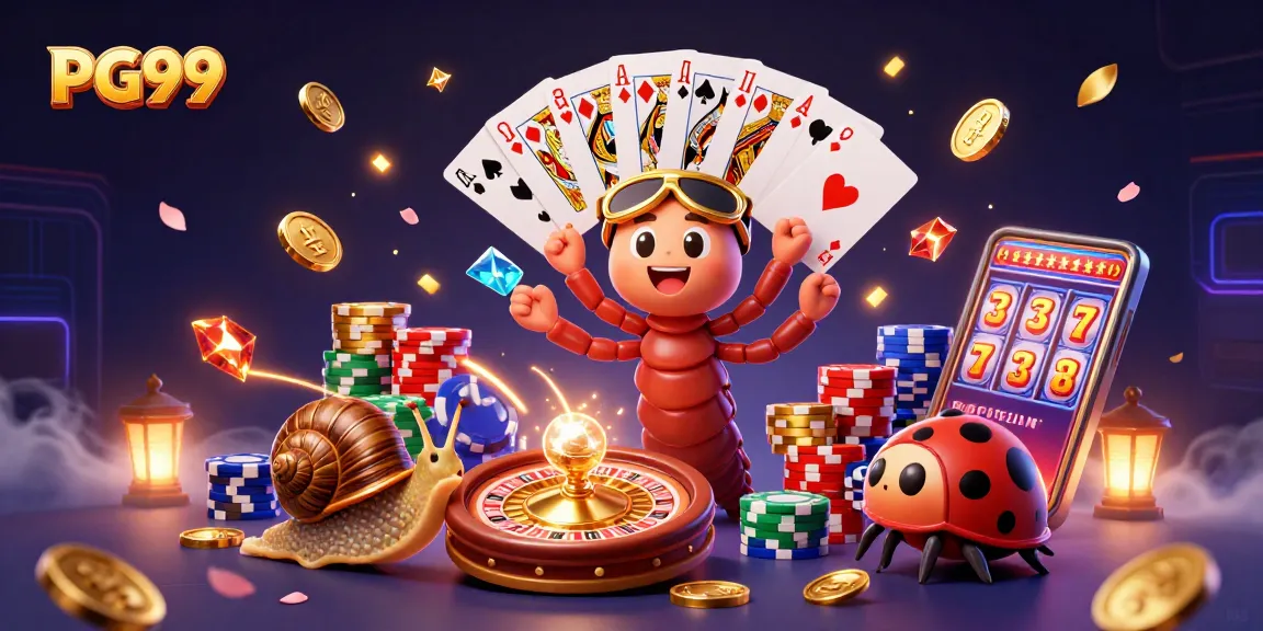 Experience vibrant PG99 casino action with a millipede dealer, high-roller snail, and exciting game elements.