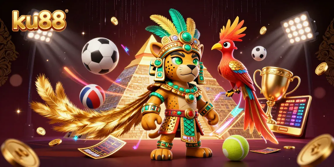 ku88 showcases a vibrant 3D casino scene with dynamic sports betting action and energetic elements.