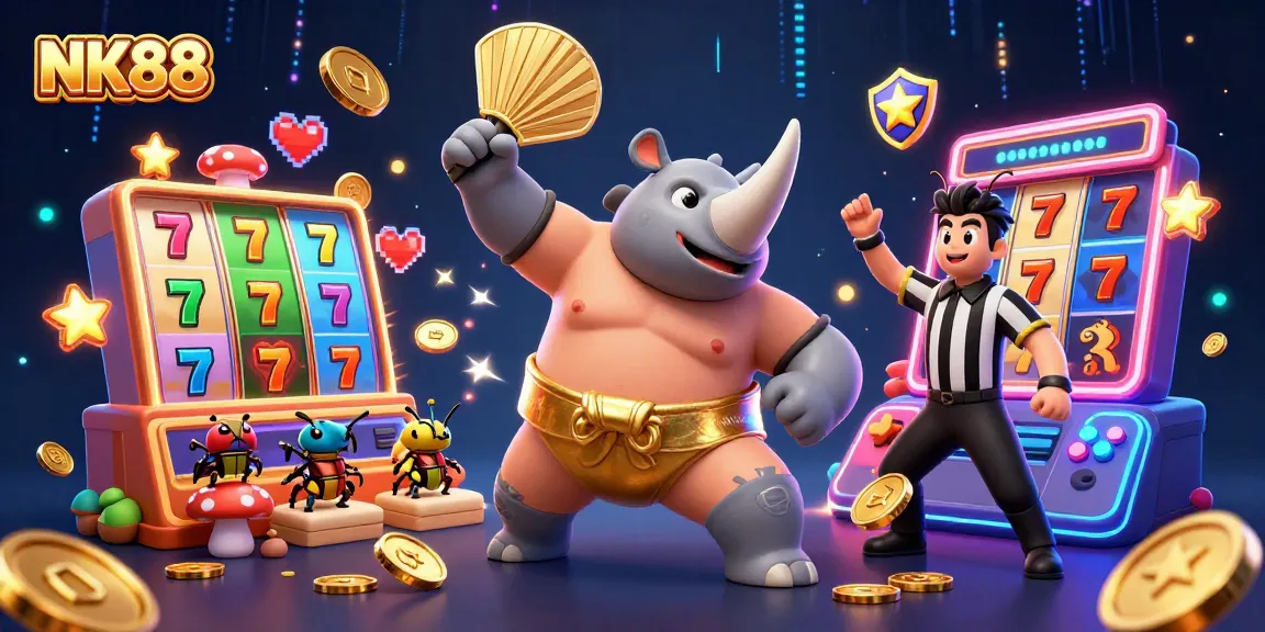 Experience the thrill of NK88 with a dynamic 3D scene featuring animated characters, colorful slot games, and vivid casino elements.