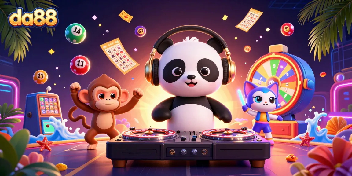 Engage with da88's vibrant gambling world featuring a DJ panda, dancing monkey, and rave kitten.