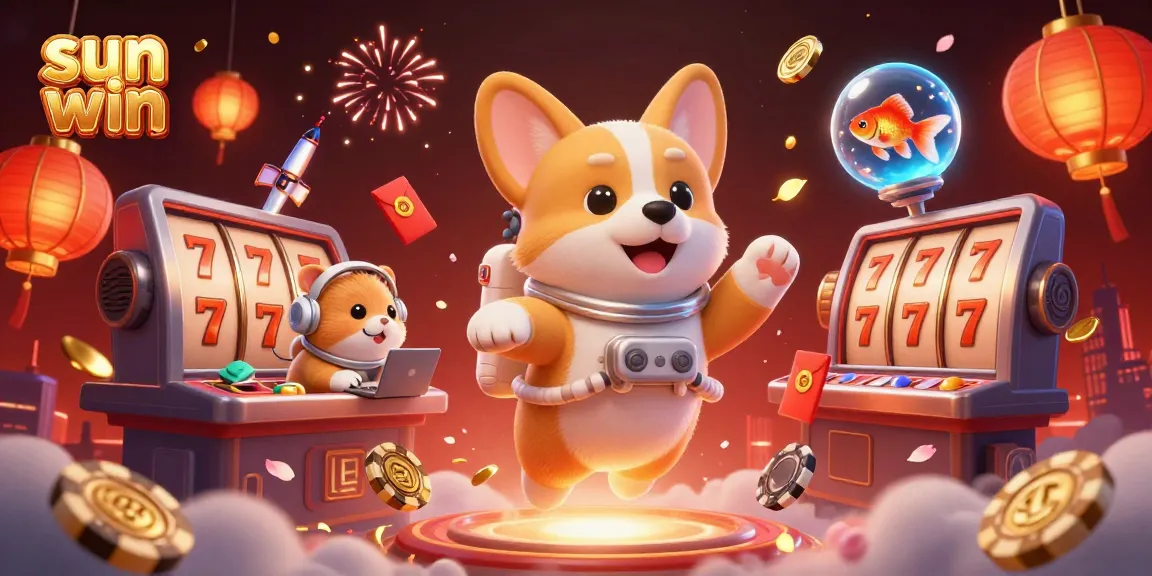 Experience the thrill of sun win with a vibrant 3D illustration of a corgi and friends in a space station casino.