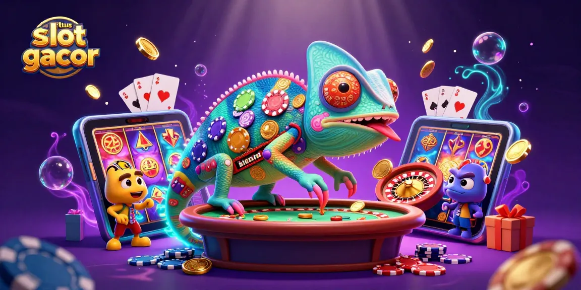 Spin and win with situs slot gacor, where a vibrant chameleon owner watches over colorful gaming.