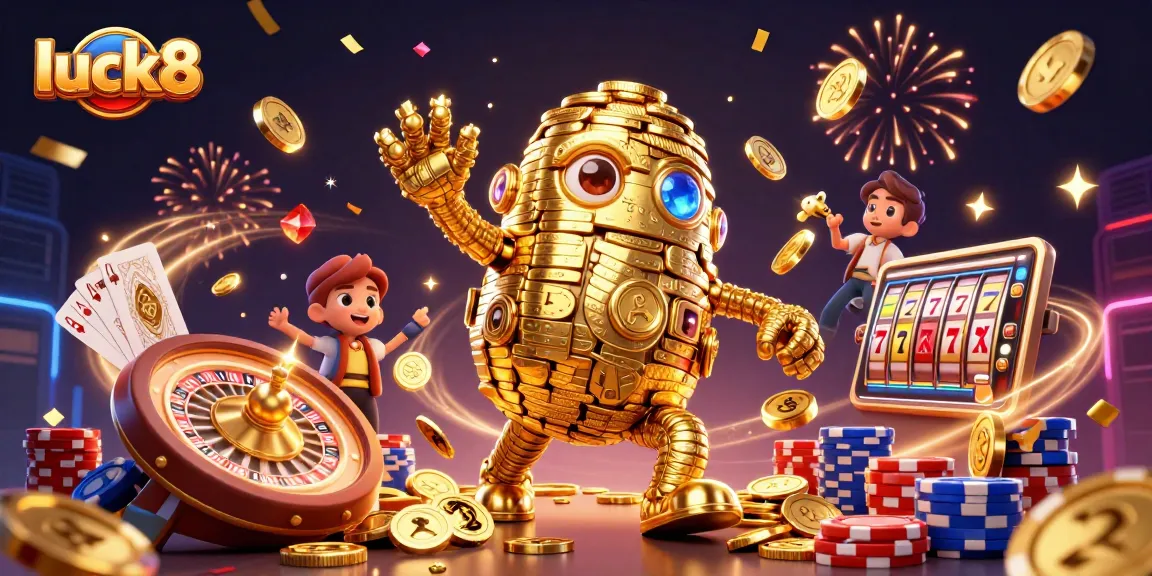 Experience the excitement of luck8 casino with gold coins, spinning reels, and poker elements.