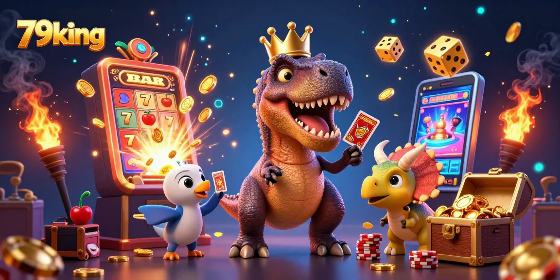 Experience thrilling jackpots with 79king as T-Rex shuffles cards and Triceratops stacks chips.