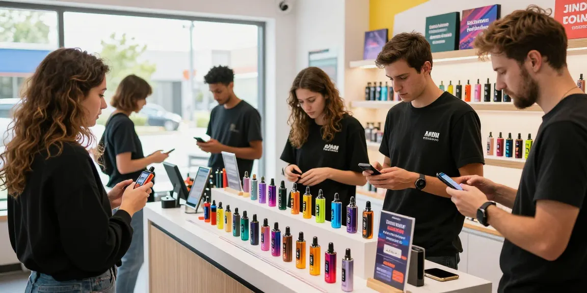 RandM Tornado Vapes im modernen Vape-Shop, Kunden erkunden verschiedene Geschmäcker und Modelle.