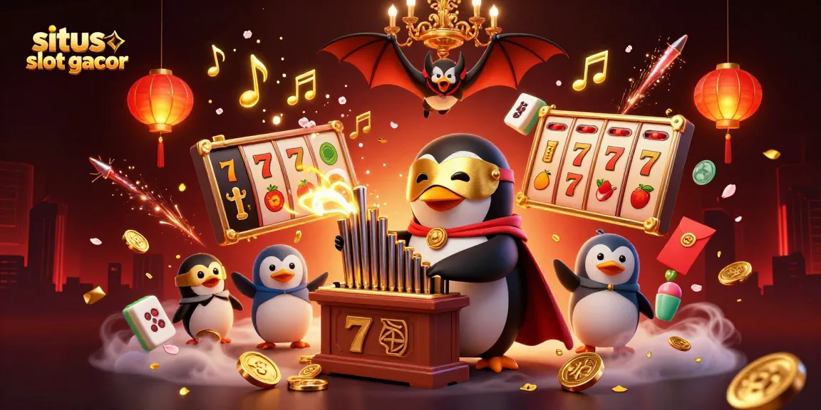 Situs slot gacor showcasing a 3D penguin playing a coin-shooting organ amid a colorful casino atmosphere.