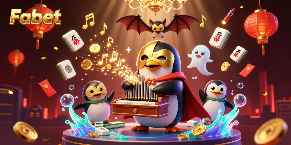 Fabet showcases a 3D cartoon scene featuring a phantom opera penguin attracting luck with golden coins.