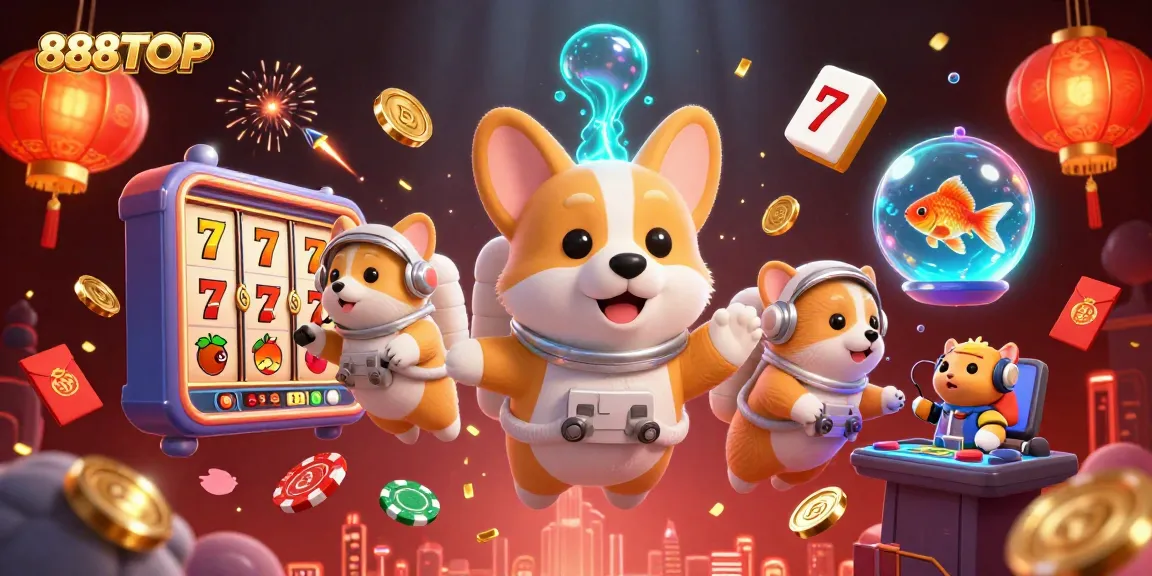Play at 888TOP for an exciting experience with a vibrant casino atmosphere featuring fun characters and games.