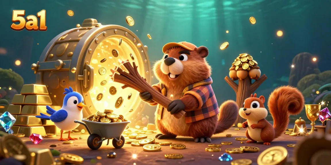 Engage with 5a1's enchanting scene of cartoon characters earning riches in a vibrant casino world.