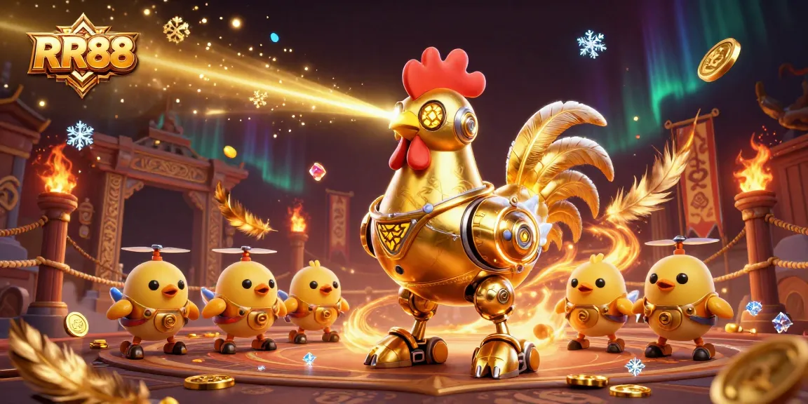 Engage in thrilling games at RR88, where a golden rooster robot leads dynamic bets amidst vibrant casino action.