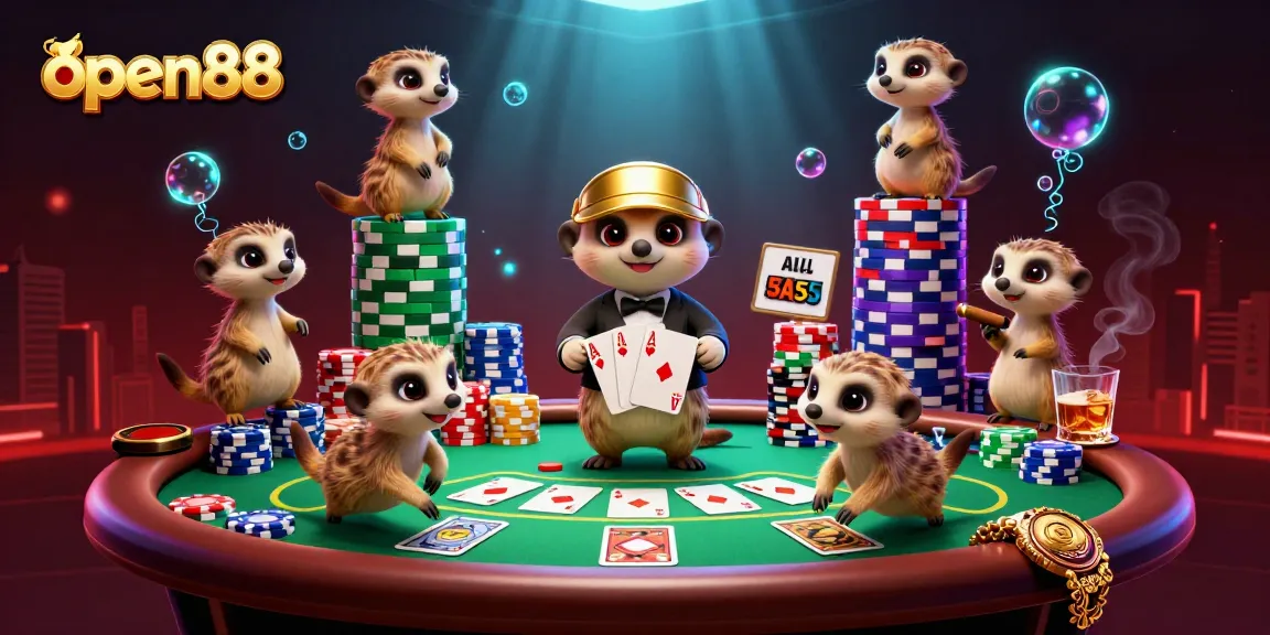 open88 meerkats running a vibrant casino scene with poker elements and festive atmosphere