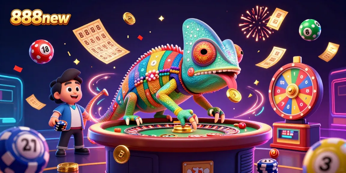 Engage in thrilling action with 888new at a vibrant casino with a colorful chameleon and lively game elements.