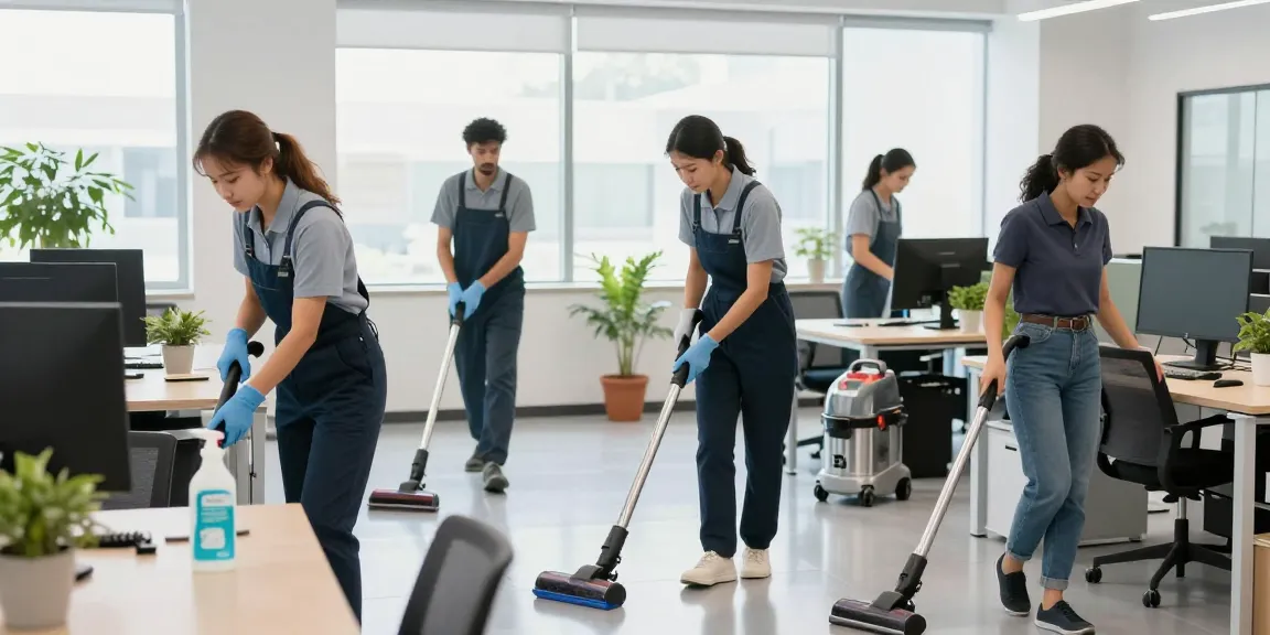 Professionelle Gebäudereinigung Düsseldorf in einem modernen Büro mit Reinigungskräften, die effizient arbeiten.