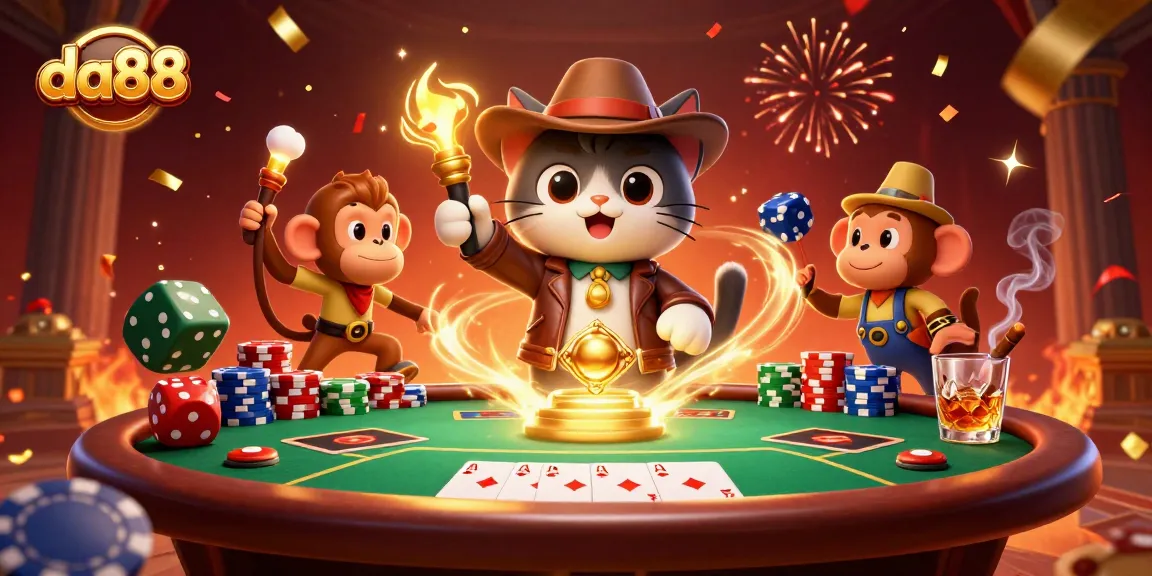 Discover thrilling actions in da88 casino with an explorer cat and monkey in a vibrant scene.