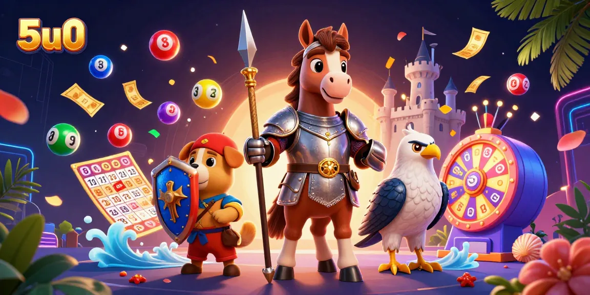 Join the excitement of 5u0 with colorful lottery elements and heroic characters in a stunning 3D illustration.