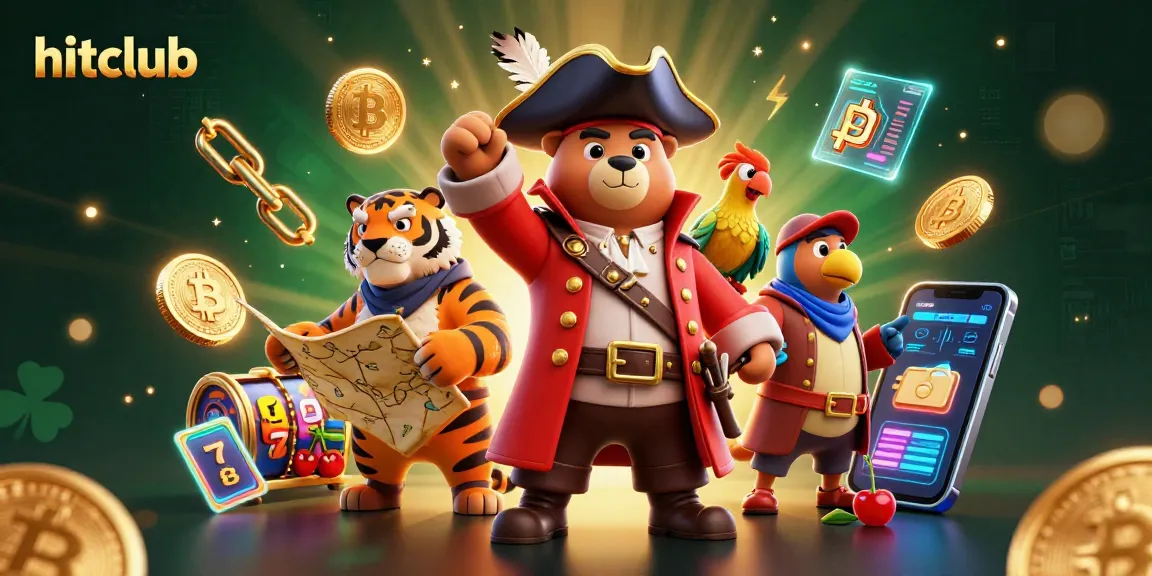 Hitclub's 3D pirate-themed adventure showcases a rich casino atmosphere with vibrant slot reels.