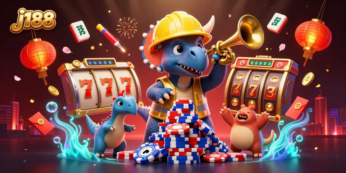 j188 showcases a lively casino scene with a triceratops and poker elements celebrating wins.
